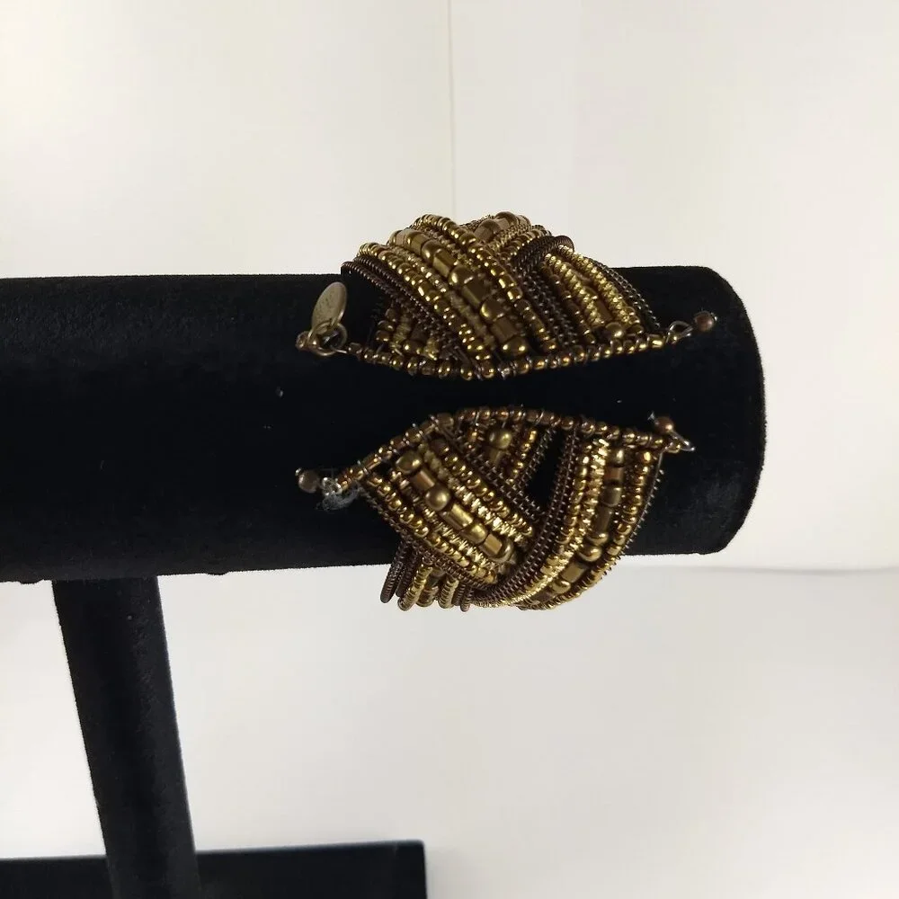Bala Booste Woven Seed Bead Cuff Bracelet Statement Modern Beaded Gold & Brown